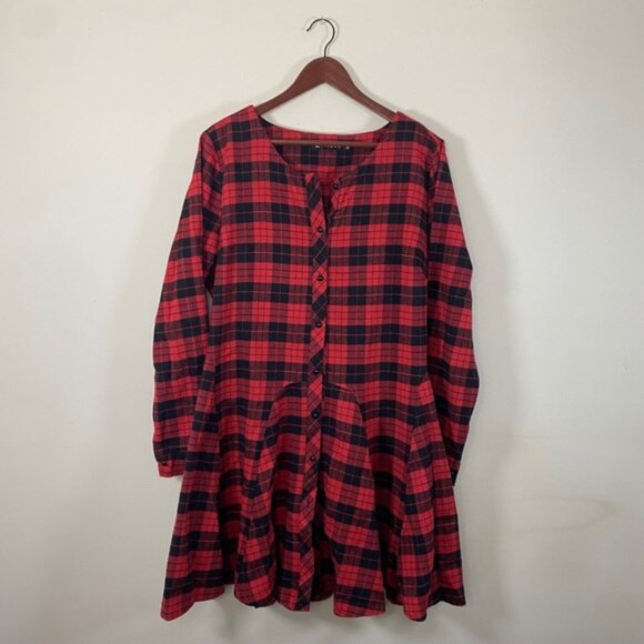 Retro Style Red and Black Plaid Long Sleeve Button Down Pleated Flared Dress XL - Picture 1 of 8